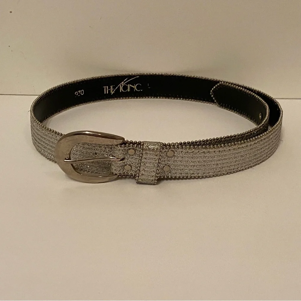THE ICING BELT SILVER SPARKLE GLITTER METALLIC BEADED EDGES VINTAGE SIZE L